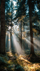 Fototapeta premium Sunbeams filter through dense forest trees, creating an ethereal and serene atmosphere. Tall trees stand like guards in nature's haven.