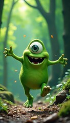 Green one-eyed monster bouncing, arms outstretched, joyful, active