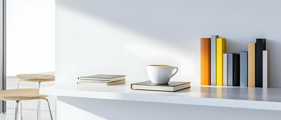 White Modern Interior With Coffee Cup And Books