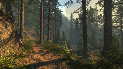 Fototapeta premium Scenic Forest Path Under Sunny Skies
