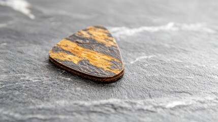 A close-up image of a wooden guitar pick with a black and gold pattern.
