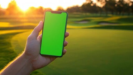 Hand holding phone with green screen on golf course showcases app technology and outdoor lifestyle - Powered by Adobe