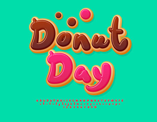 Vector Sweet label Donut Day. Delicious Cake style Font. Playful Tasty Alphabet Letters and Numbers set. 