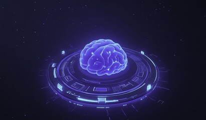 A futuristic blue digital background featuring a glowing holographic brain floating in the center