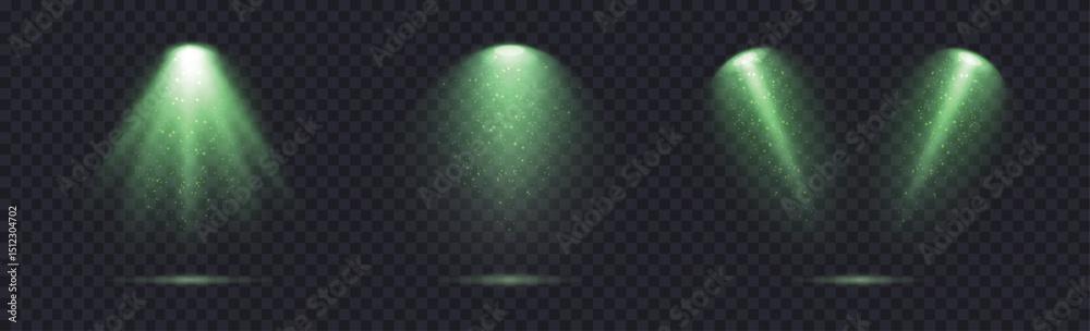 Wall mural magic spotlight with green glow and sparkle glitter isolated on dark background with reflection on f