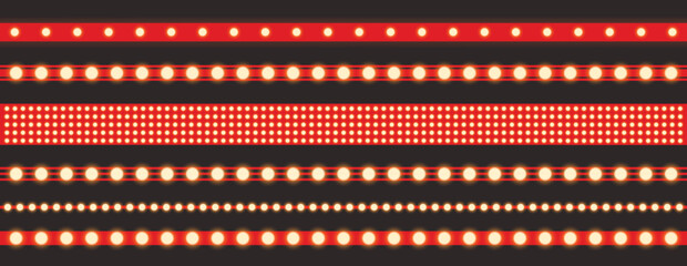 Marquee strip set, red led light ribbons on transparent background. Realistic neon light bulb, vector illustration. Vintage marquee border ribbon collection. Vector illustration. © viktoria_ngm