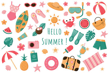 Big summer collection with icons isolated on white background.  Set of elemens with watercolor texture. Swimsuit,hat,serfing board,beach umbrella,shorts,fruits,cocktails, ball. Vector illustration. 