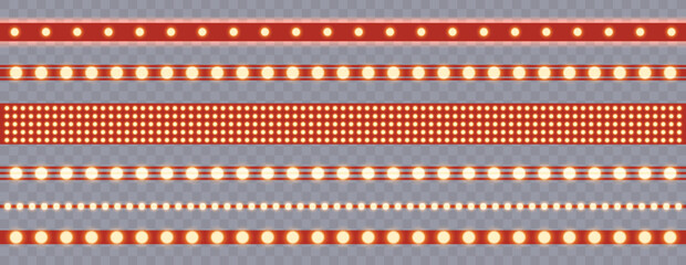 Marquee strip set, red led light ribbons on transparent background. Realistic neon light bulb, vector illustration. Vintage marquee border ribbon collection. Vector illustration. © viktoria_ngm