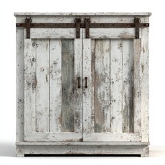 Rustic Whitewashed Wooden Cabinet with Sliding Barn Doors and Metal Hardware Perfect for Farmhouse or Country Decor
