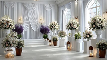 Elegant wedding hall filled with floral arrangements high resolution image