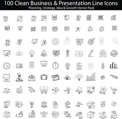A comprehensive pack of 100 minimal line-style vector icons designed for business presentations, planning dashboards, creative project outlines, and startup growth visuals. Perfect for digital agencie