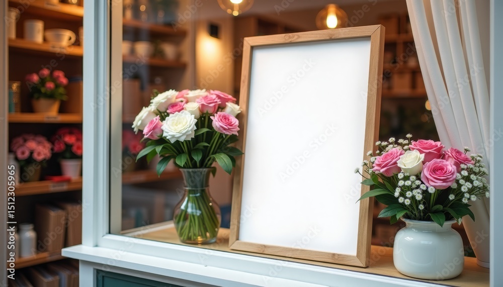 Poster floral arrangement with blank framed canvas on display in shop window
