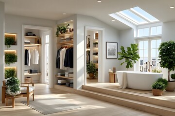 Obraz premium Elegant wooden wardrobe and bathtub setup high resolution image