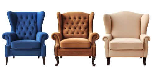  Three single sofa chairs isolated on a transparent background