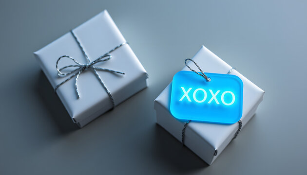 Neon gift tag with xoxo on wrapped presents in a modern setting  