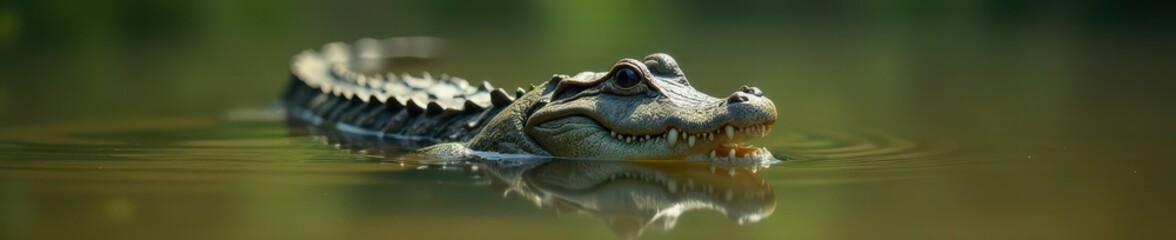 Obraz premium Small alligator submerged, slowly moving through murky lake water, scales, wildlife scene, animal portrait