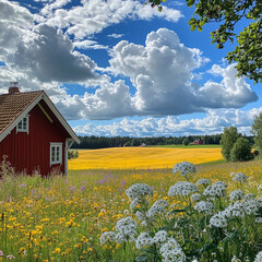 Charming red cottage surrounded by blooming wildflowers and golden fields under a bright blue sky with fluffy clouds, capturing the beauty of a summer countryside.