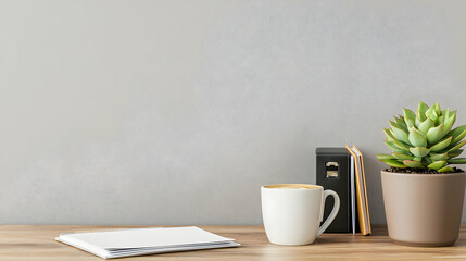 Stylish Workspace With Coffee And Plant On Wooden Desk