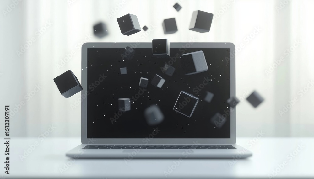 Poster 3d cubes emerging from computer laptop screen - a visually stunning display of cubes bursting out of