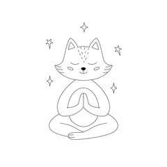 Fox in a meditative pose with its eyes closed and front paws crossed on white background.
