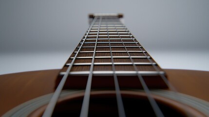 Close-up view of the neck and headstock of an acoustic guitar, showcasing the strings, frets, and tuning pegs.