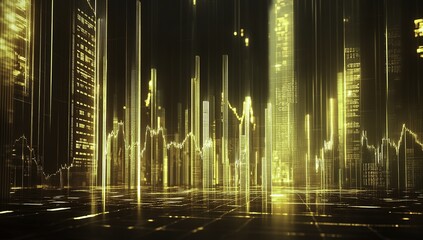 High-resolution gold bar graph and glowing financial charts on black background