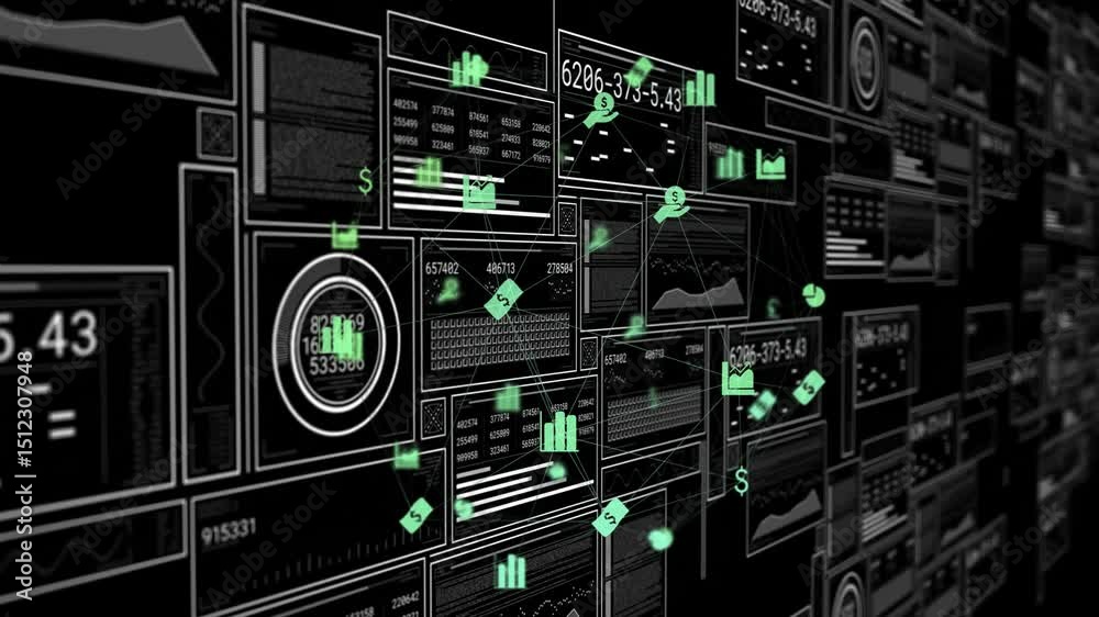 Poster green icons appearing, linking frames, updating counters, panning camera, visualizing data network
