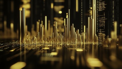 High-resolution gold bar graph and glowing financial charts on black background
