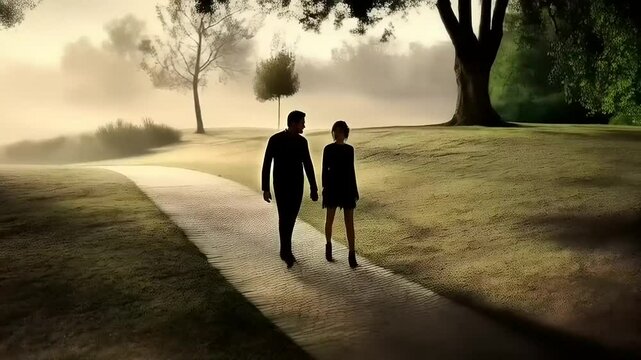 Couple's promenade through the mist shrouded park, a serene rendezvous under the canopy