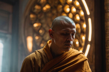 A monk gazing into a mirror that reflects not the physical world but a vibrant spiritual realm full of sacred geometry and golden light, while behind him, the world melts like wax