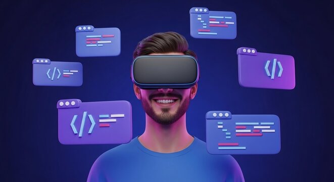 Developer Coding in Virtual Reality with Floating Code Windows - Powered by Adobe