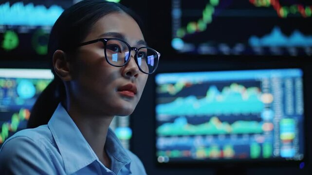 Woman in glasses analyzing crypto charts on screen in modern tech office