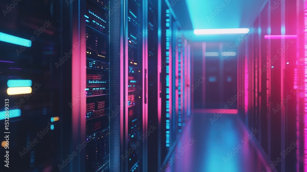 Poster neon-lit data center corridor featuring glowing pink and blue server racks, ideal for cloud hosting 