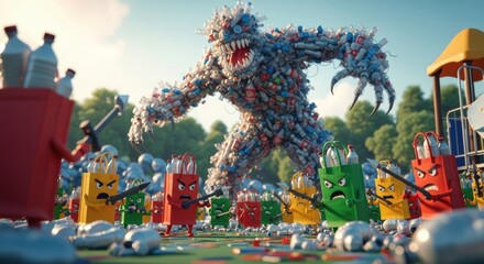 Creative battle scene for plastic bag free day with bottle monster and colorful bags