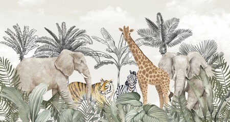 Vintage Safari Animals Wallpaper: Elephant, Giraffe, Zebra, Tiger in Sepia Jungle © csinie1