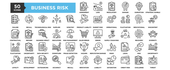 50 Business Risk icon set. Containing design risk, business, safety, management, security, strategy, investment	
