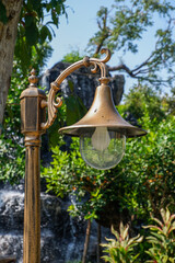 Lamp street in outdoor restaurant,Pendant light with matal lamps in street cafe,mountain view and...