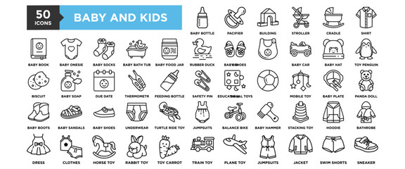 50 Baby and Kids icon set. Containing design baby, child, kid, childhood, little, cute, girl
