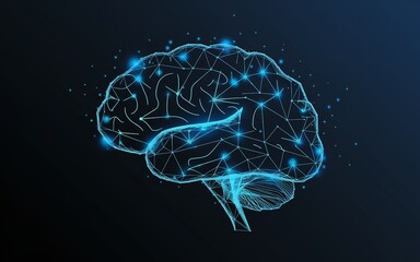 Futuristic glowing brain made of digital network connections on dark background