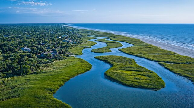 Discover coastal serenity in the winding rivers meeting the vast ocean an idyllic escape with an aerial view under a