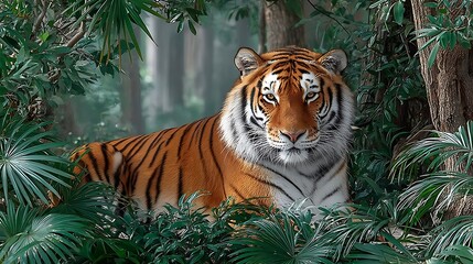 Powerful tiger among tropical greenery high resolution image