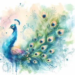 Watercolor Peacock with Flowing Feathers