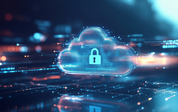 Sleek futuristic cloud icon with lock symbol, representing digital security and data protection in vibrant technological environment