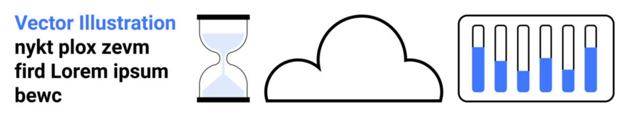 Hourglass symbolizing time, cloud icon for data or digital storage, bar chart for analytics. Ideal for technology services, time tracking, cloud computing, business analysis, productivity tools