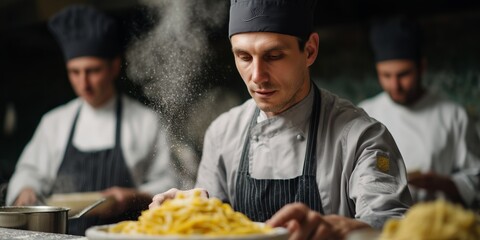 Dynamic culinary artistry in a bustling kitchen scene with chefs crafting pasta dishes