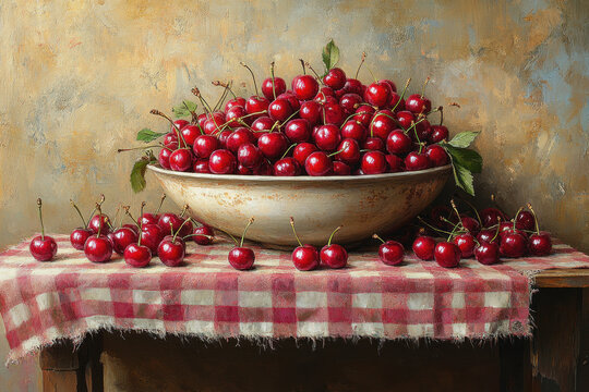 Cherries in a bowl on a table.
