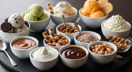 National ice cream day celebration with assorted toppings and flavors for dessert lovers