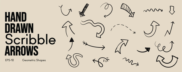 Hand Drawn Crayon Arrow Brush Set with Fun Kid Sketch Chalk Strokes Grunge Pencil Textures Doodle Lines Vector hand drawn brush stroke for presentation and Creative Design Projects