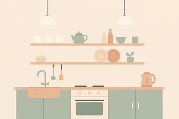 Flat colorful illustration of kitchen with shelves, teapot and cups in pastel colors, Minimalist interior and lifestyle