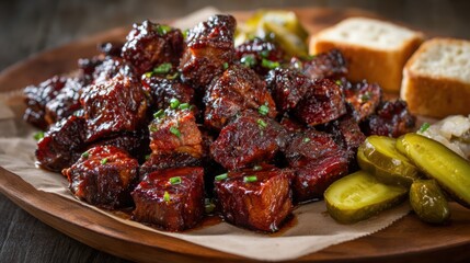 Juicy glazed barbecue beef short ribs served with pickles bread cubes and chopped green peppers on rustic wooden plate for savory meal presentation